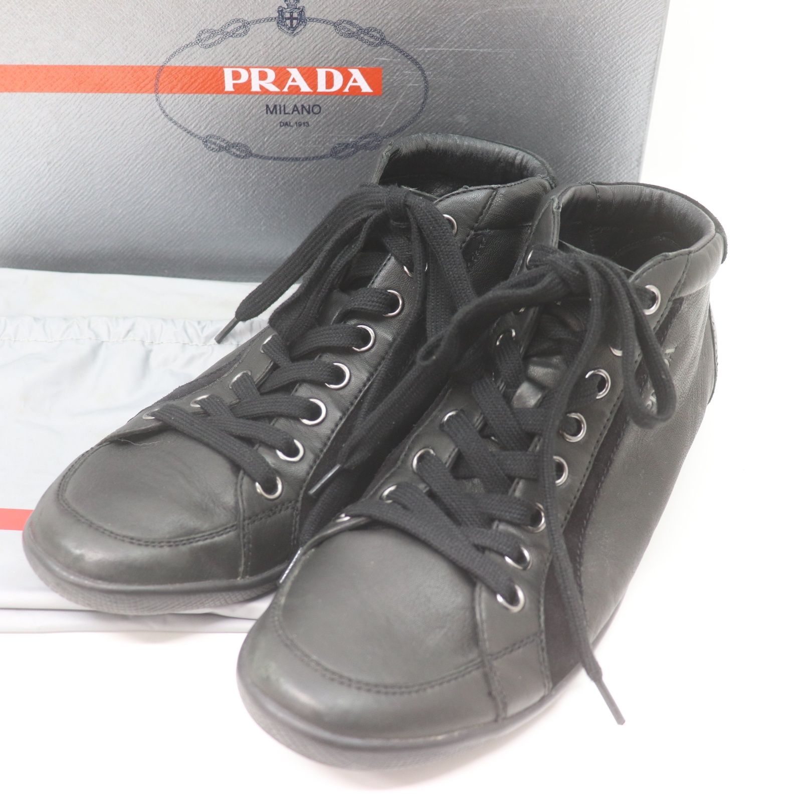ITY7PSRZRLKA PRADA プラダ スポーツ レザー スエード スニーカー ハイカット レースアップ ブラック シューズ 靴 メンズ サイズ 9