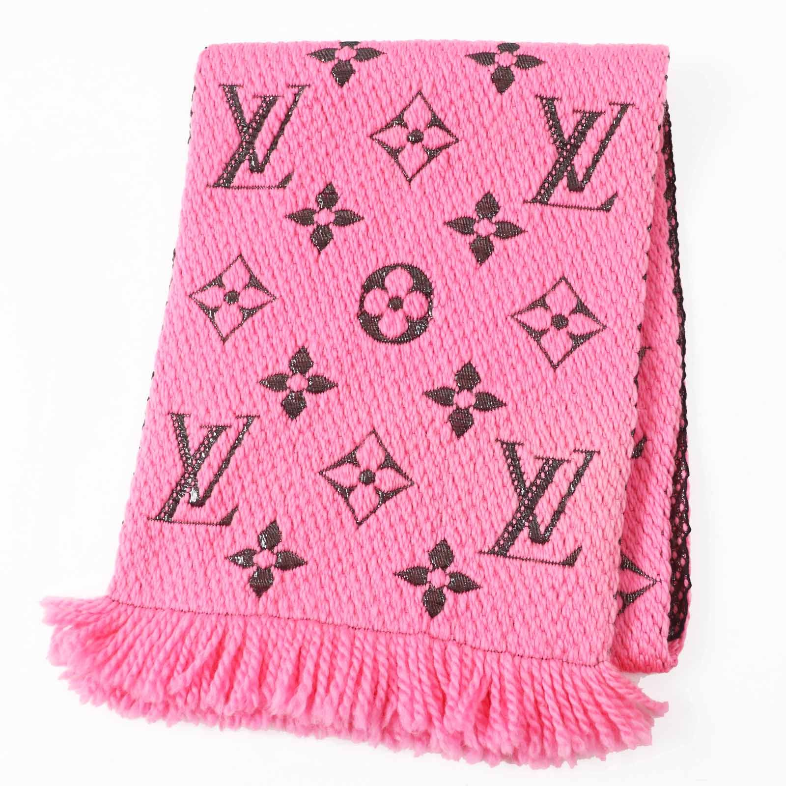 ◎LOUIS VUITTON ルイヴィトン M76070 エシャルプ ロゴマニア シャイン ウール シルク ローズポップ フリンジ付き ニットマフラー き イタリア製 レディース