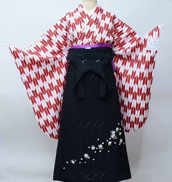 二尺袖 着物 袴フルセット ジュニア用へ直し 135～150cm 矢羽根柄 矢羽 赤色×白色 袴変更 卒業式 NO42208-02