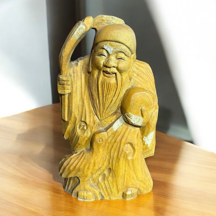 木彫り 福禄寿 七福神 木製 寿老人 開運 縁起物 彫刻 仏像 古