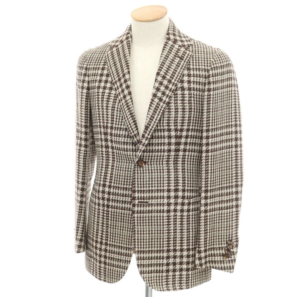 【中古】スティレ ラティーノ STILE LATINO リネンシルクウール チェック テーラードジャケット アイボリーxダークブラウン【サイズ44】【メンズ】