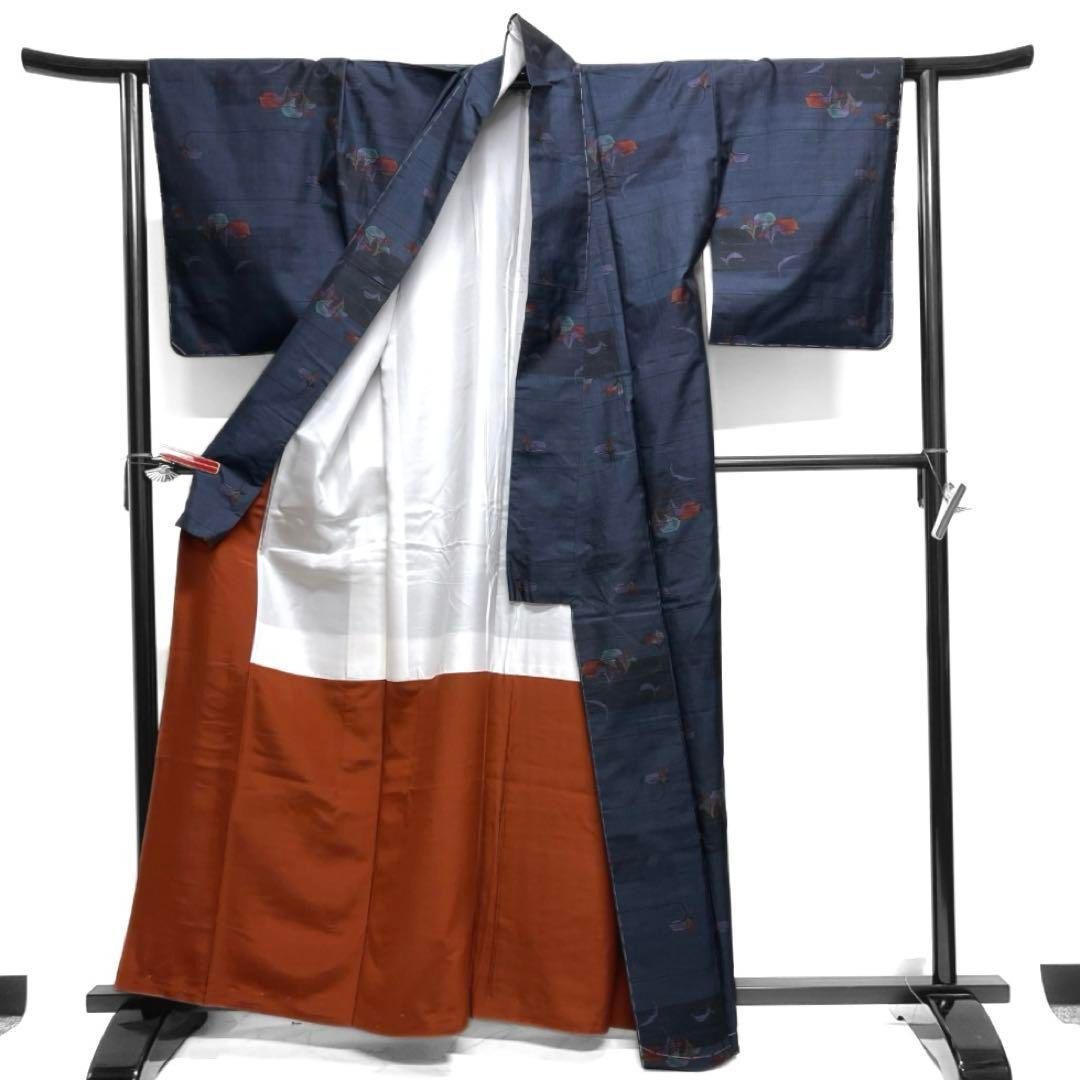 未着用 小紋 大島紬 花模様 リーフ 藍色 横縞 ヱ霞 着物 012a d