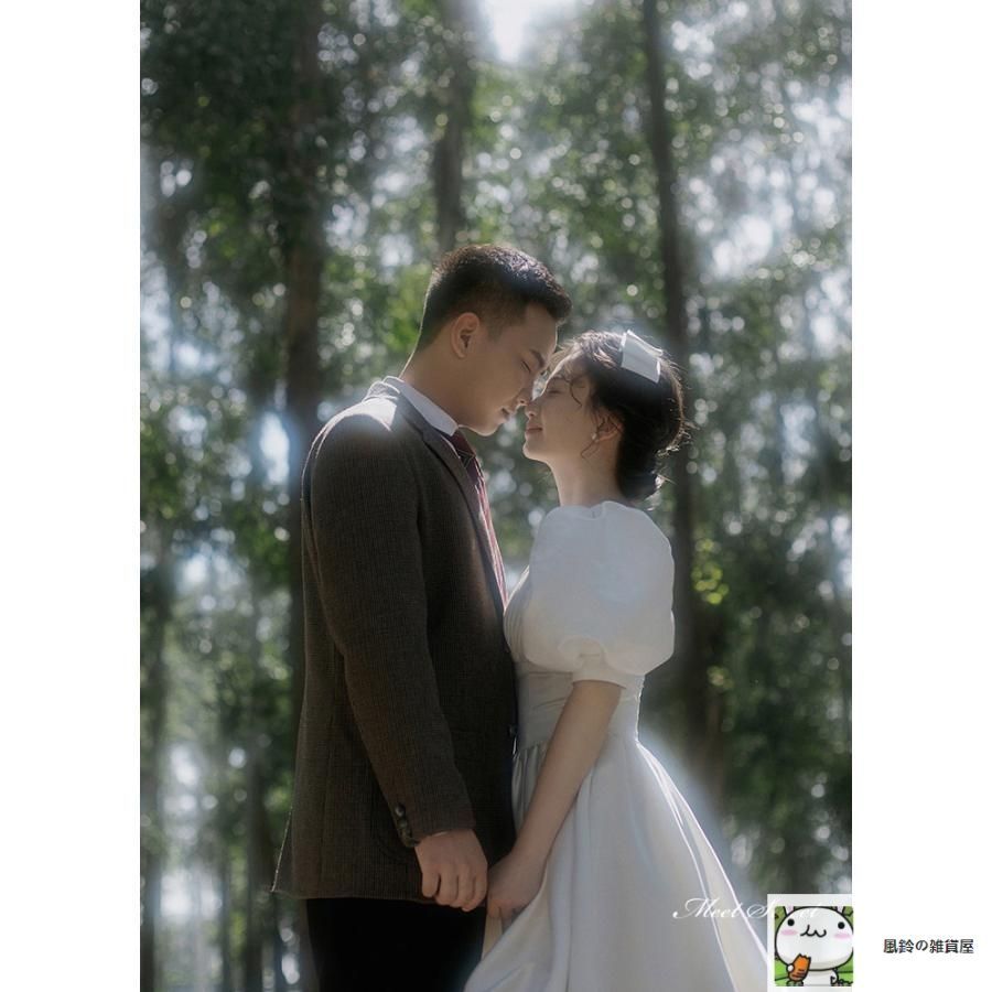 ウェディングドレス ロングドレス Aラインドレス パフスリーブ Vネック レトロ調 編み上げ 二次会 結婚式 前撮り ブライダル 花嫁 ウエディ