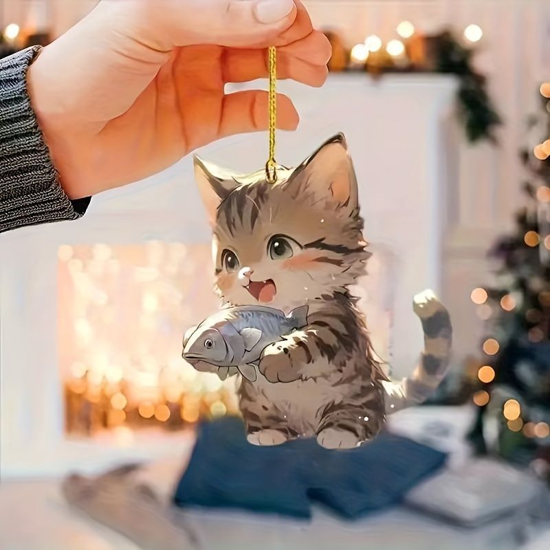 キーホルダー 子猫 かわいい アニメ風 2D アクリル 8cm 魚を