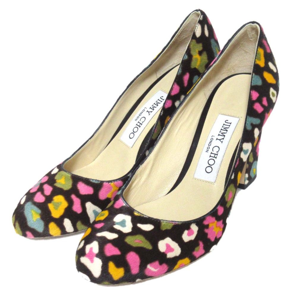 JIMMY CHOO ジミーチュウ BILLIE 85 レオパード柄 ハラコ レザー チャンキーヒール パンプス 34.5 約21.5cm マルチ レディース 古着