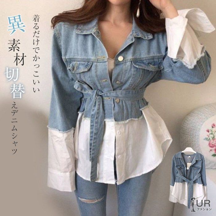 ブラウス シャツ デニム切替シャツトップス レディース メンズ 楽天市場】デニムシャツ 7分袖（トップス｜レディース