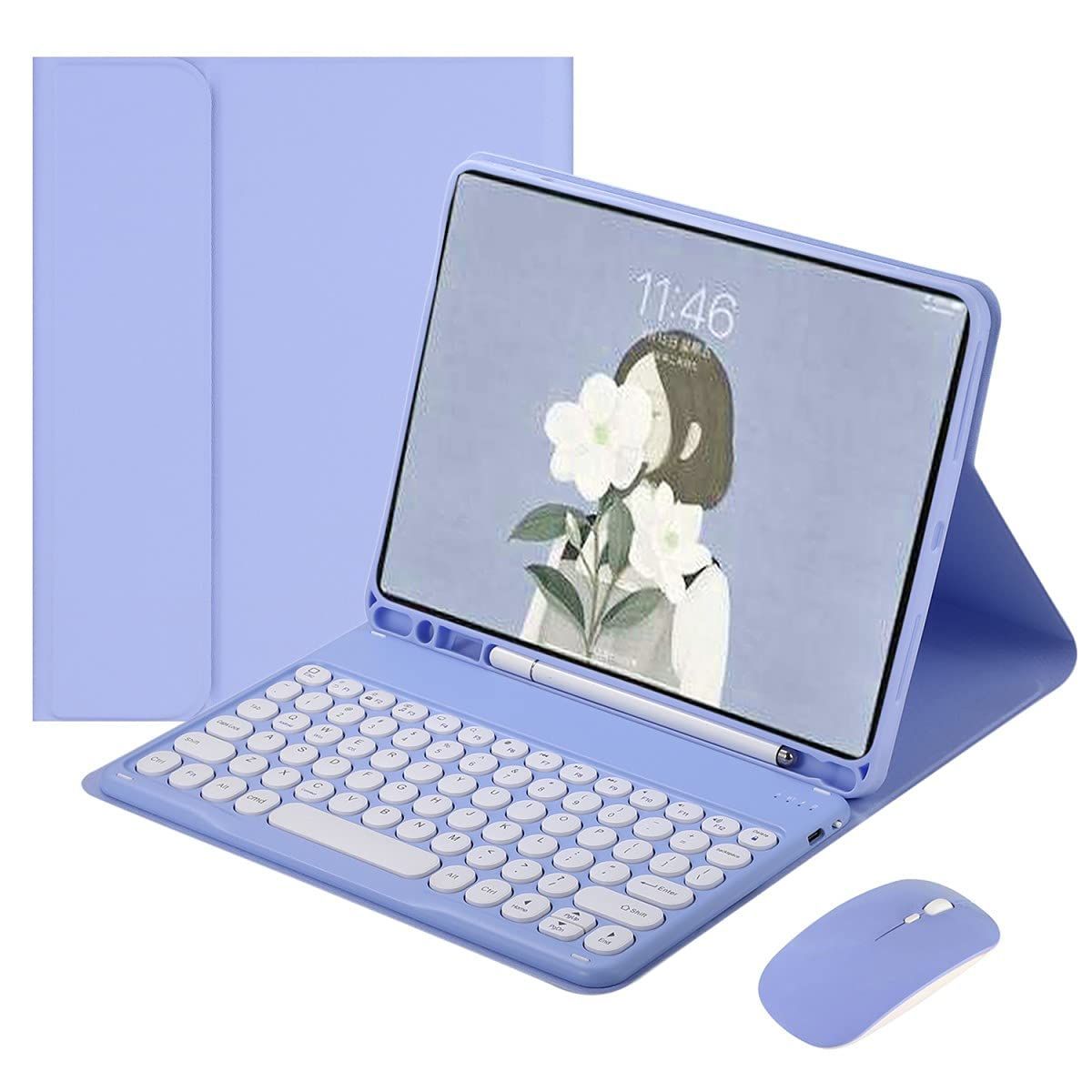 【新着商品】可愛い マウス付き Bluetooth キーボード キーボードケース 丸型キー 2色配色 カラーキーボード 第4321世代 ケース カバー  11 マウス レディース Pro 分離式 ペンシル収納 iPad 女性向け 紫