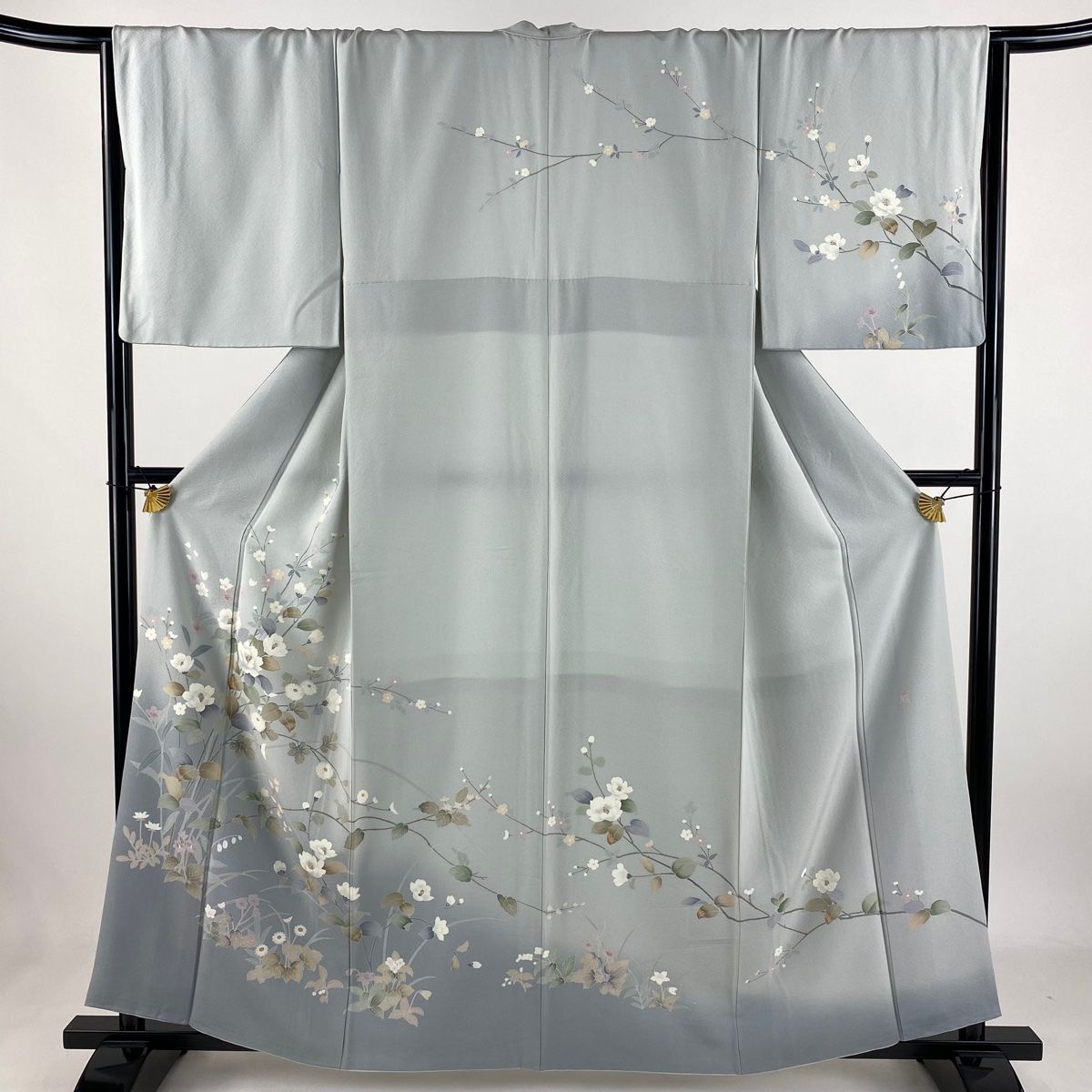 訪問着 身丈158.5cm 裄丈66.5cm M 袷 落款 枝花 草花 ぼかし 青灰色 正絹 秀品