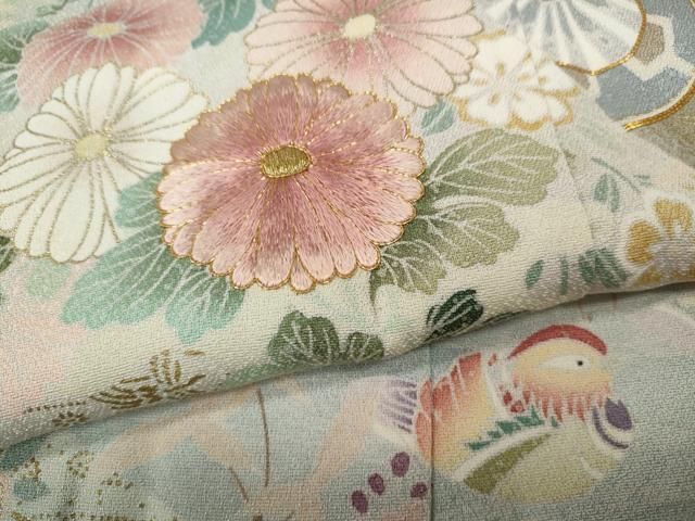 平和屋着物●訪問着　駒刺繍　御所車鴛鴦花文　暈し染め　金彩　正絹　逸品　CAAX4473ut 平和屋着物○訪問着 駒刺繍 御所車鴛鴦花文 暈し染め 金彩