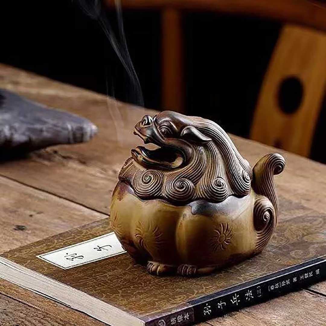 香炉 獅子 瑞獣柄　銅製 置物 開運 風水 古美術 インテリア　アンティーク 香炉 獅子 風水 開運 線香立て オブジェ 金運 幸運 アジアン