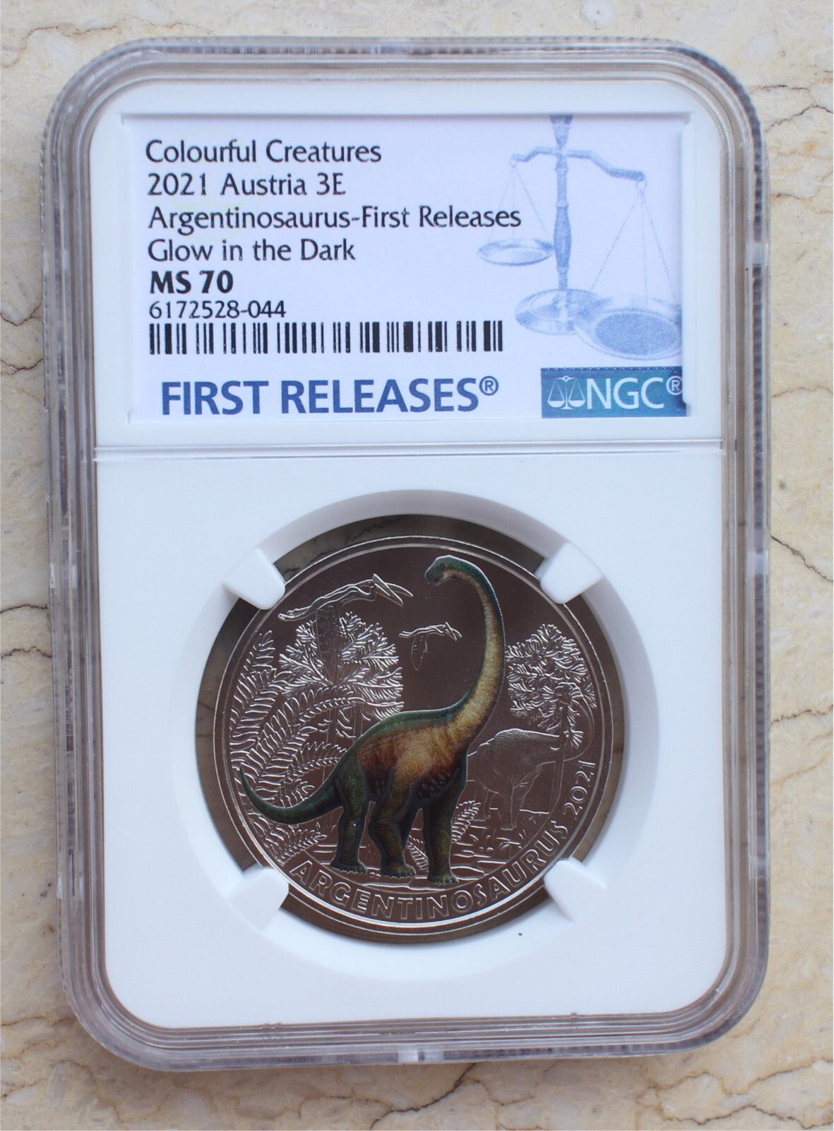 NGC MS70 Atria 2021 Coin - Argentinosaur - Colourful Creature - Glow in Dark