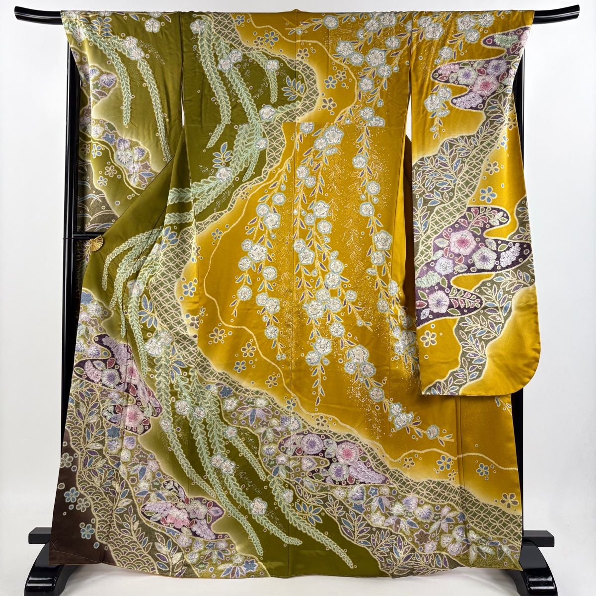 ☆専用星　本振袖 黄緑 金彩加工 銀彩加工 トールサイズ 身丈167cm 正絹 振袖 身丈166cm 裄丈69cm L 袷 辻が花 銀通し 金彩 山吹色 正絹