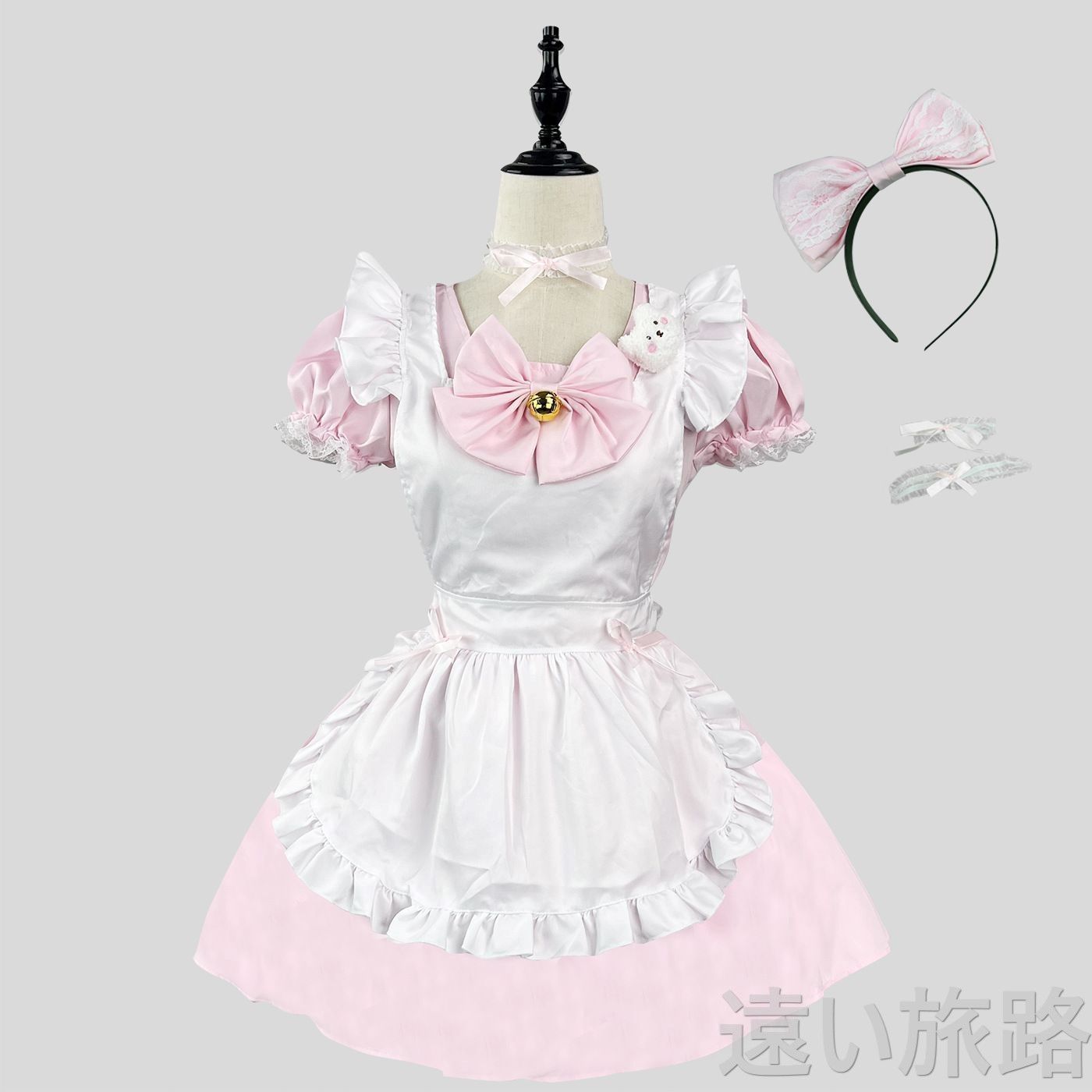?【新作オリジナル】? クラシックメイドロリータワンピース ?? ピンク×ホワイト ?? 萌え系 甘ロリ メイド風 フリルエプロン付き 高級感あるリボン装飾 ネコ耳ヘッドドレス付き コスプレ衣装