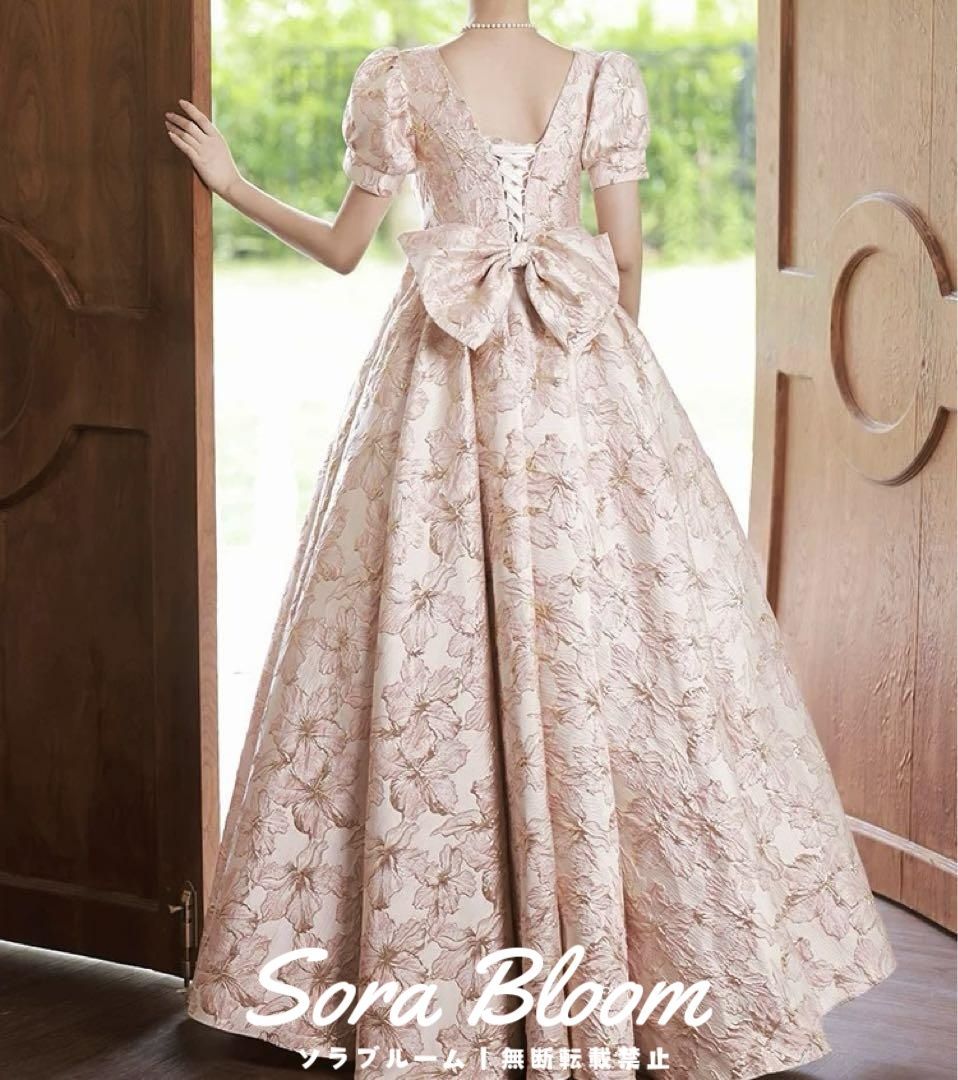 【★安心の定価販売★】 新品 パフスリーブ 未使用】美しい花柄生地のリボン付き スーツ・フォーマル・ドレス