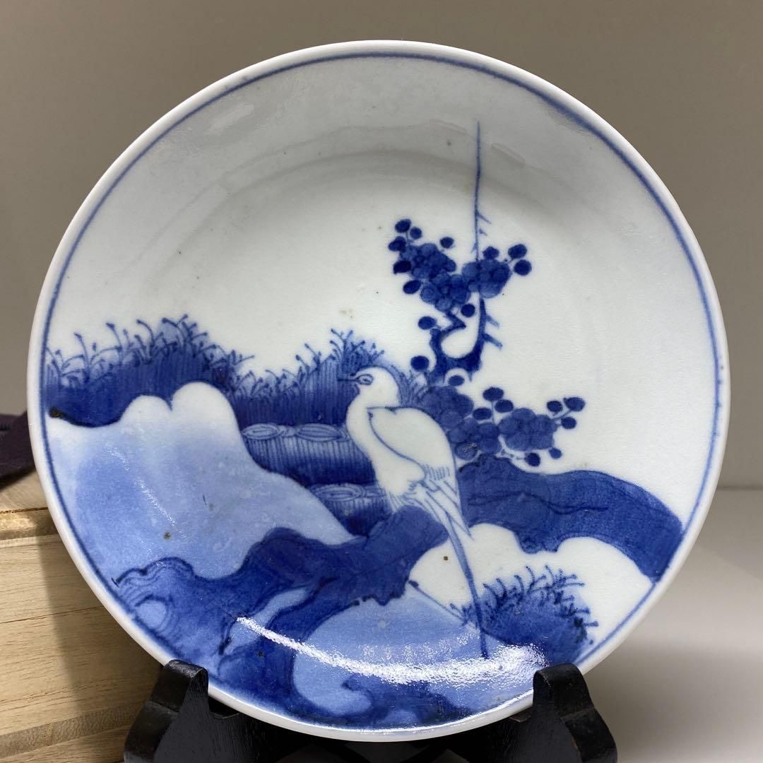 江戸中期　藍九谷上手鷺の図中皿　木箱付　幅約14.5㎝　東Y6-0910☆2F 江戸中期 藍九谷上手鷺の図中皿 木箱付 幅約14.5㎝ 東Y6-0910