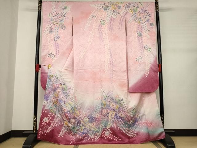 平和屋着物●伯河貞雄 振袖 辻が花 絞り 舞花文 暈し染め 金通し地 正絹 AABB7325ck