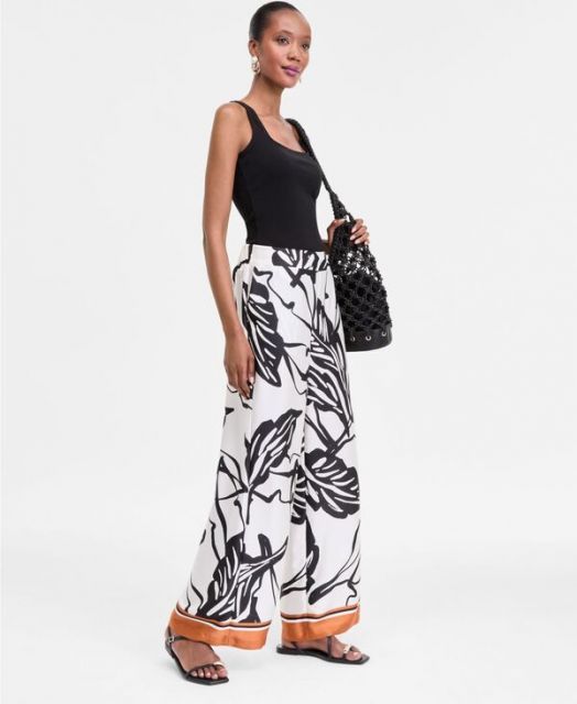 【送料無料】 アイ.エヌ.シー インターナショナル コンセプト レディース カジュアルパンツ ボトムス Petite Printed High Rise Wide-Leg Pants Sira Border