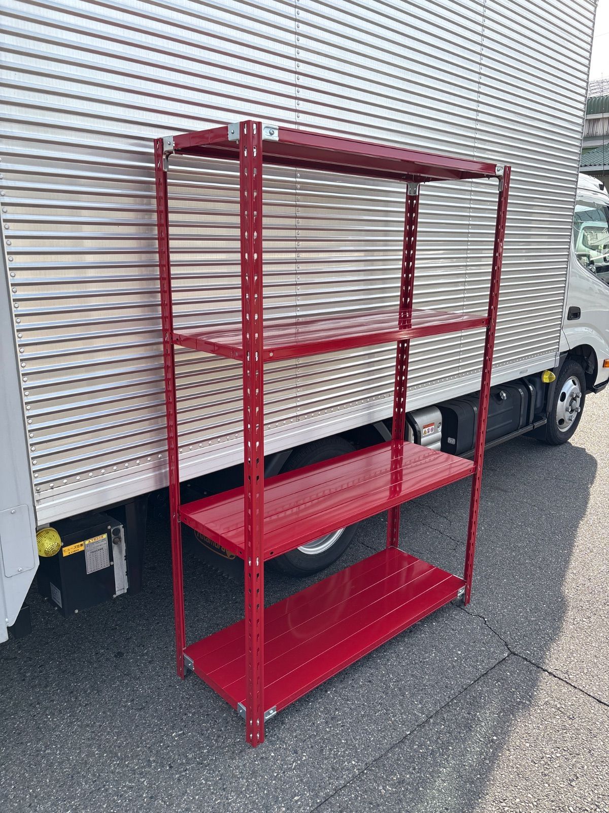 ?4段軽量スチールラック 鉄製 アイアン 赤 RED ガレージ 収納棚 鑑賞棚 屋外用 屋内用 倉庫前引き取り 値引きあり