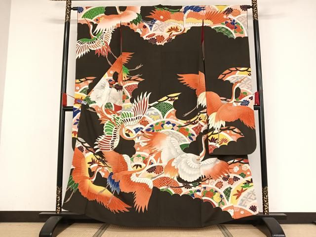 平和屋着物○アンティーク 大正ロマン 振袖 駒刺繍 吉祥飛鶴文