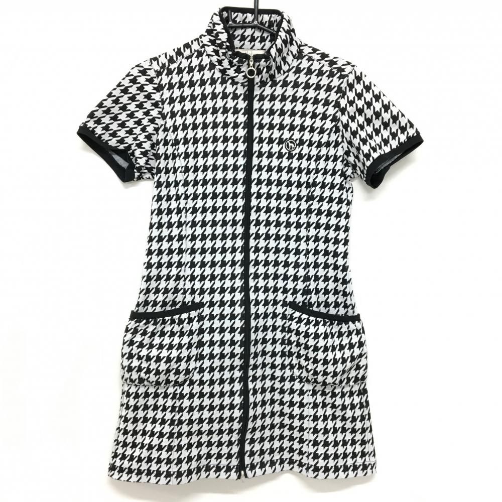 美品】アダバット 半袖ハイネックワンピース 黒×白 千鳥格子 ハーフ