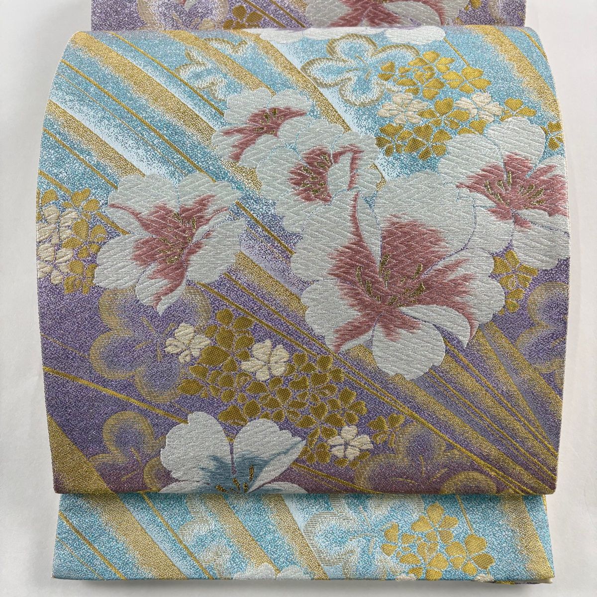 袋帯 美品 秀品 振袖向き 花 金糸 箔 紫 六通 正絹 【中古