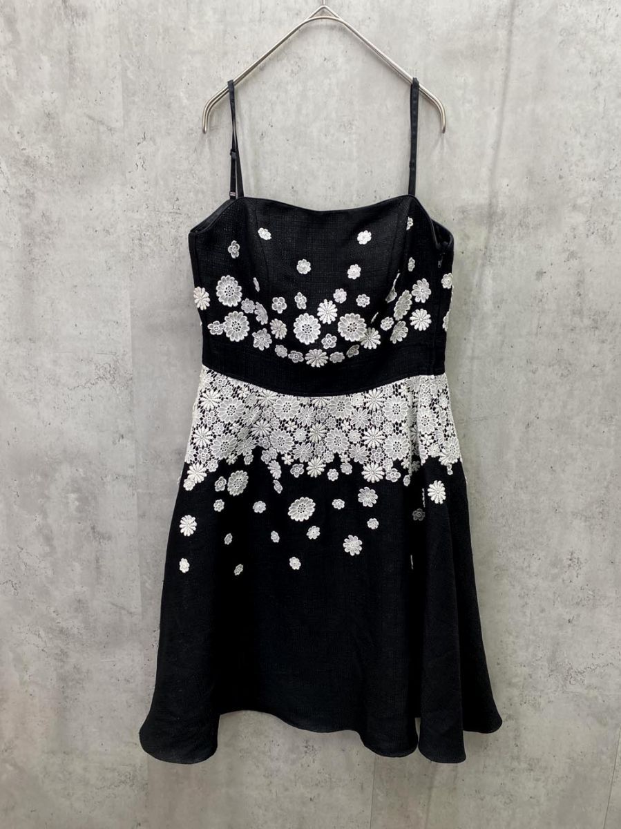 Genet Vivien ジュネビビアン ミモレ丈 花柄 パール ビジュー ワンピース ドレス size9|黒 ◆レディース