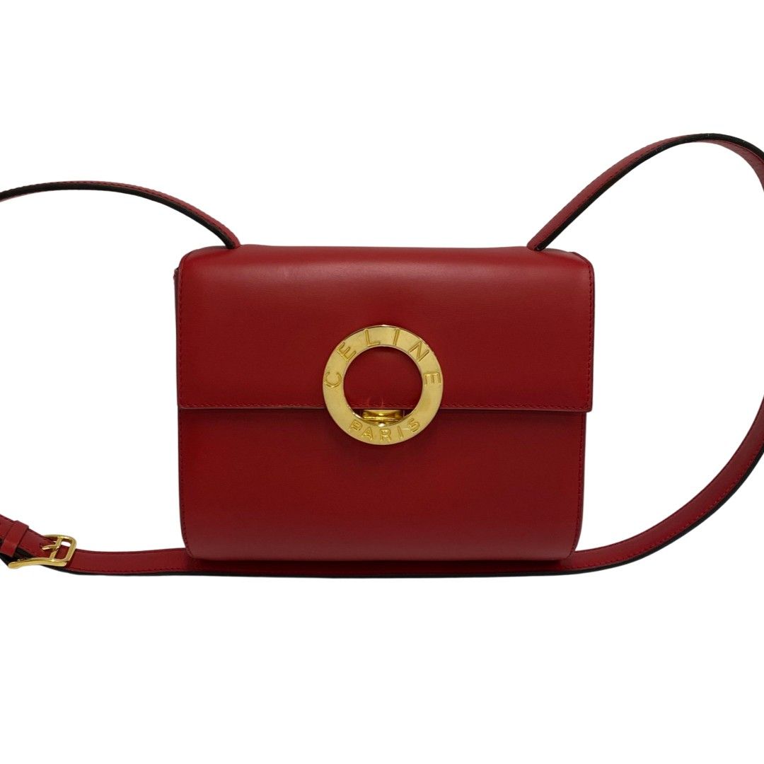 希少 CELINE セリーヌ ショルダーバッグ サークルロゴ ゴールド金具 赤