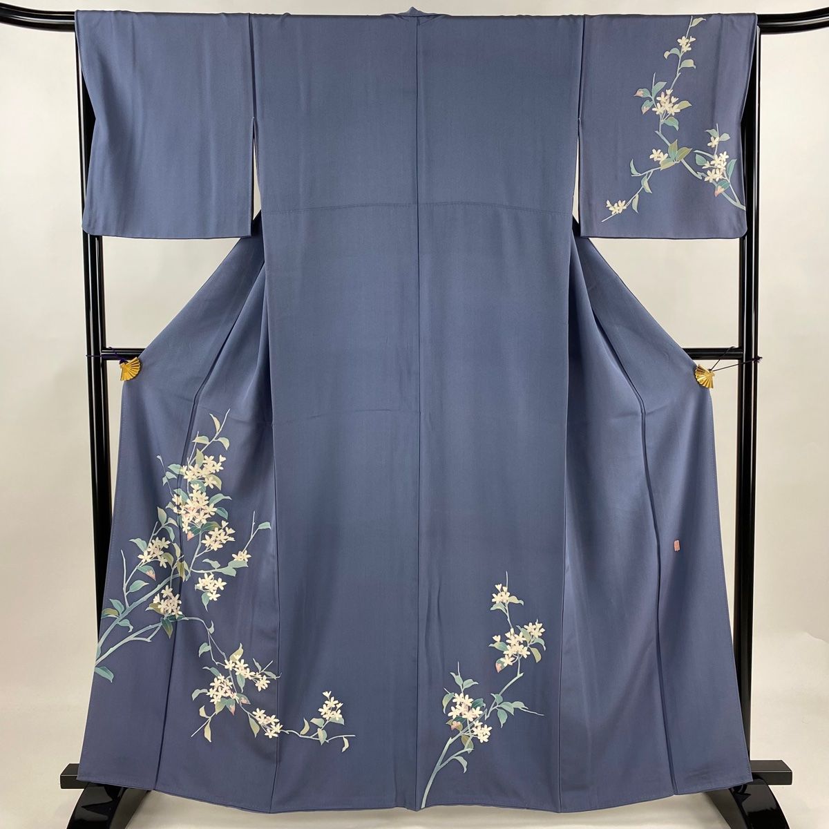 付下げ 身丈160cm 裄丈67cm M 袷 奥田勝将 落款 草花 青灰色 正絹 名品