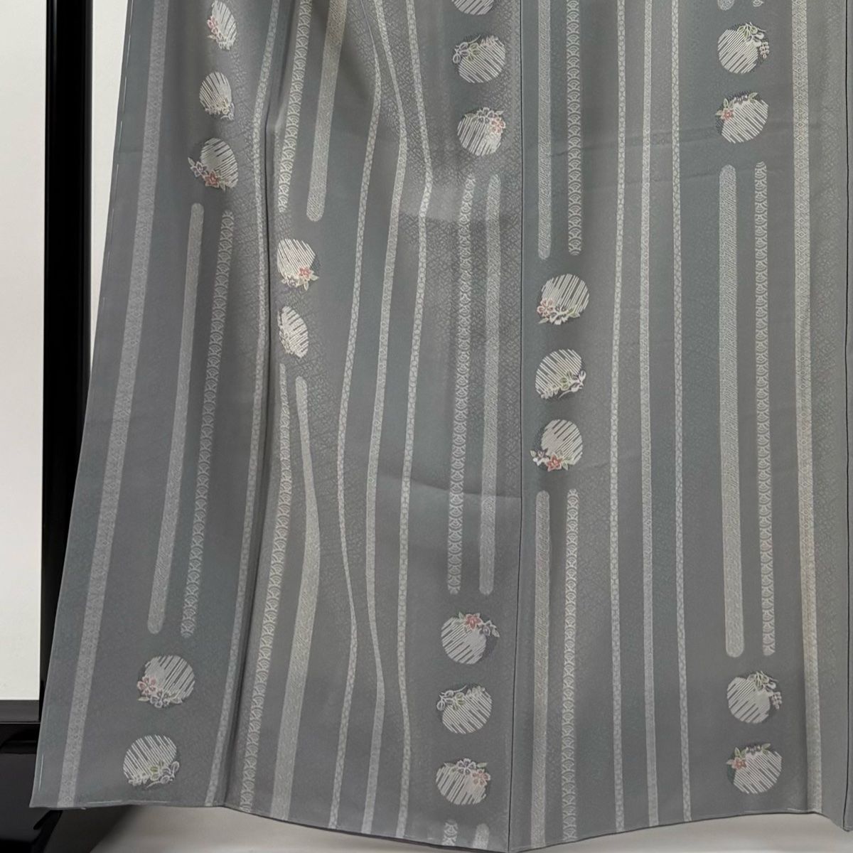 小紋 身丈164cm 裄丈67cm M 袷 袋帯セット 縞 草花 灰色 正絹 秀品