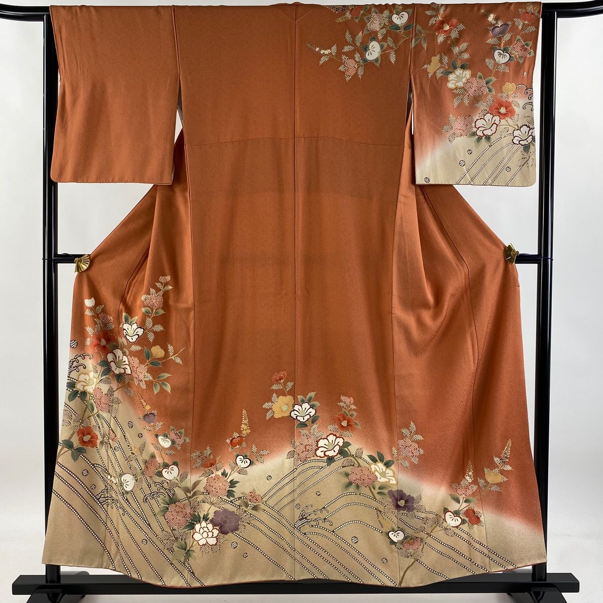 訪問着 身丈156cm 裄丈63.5cm S 袷 椿 橘 金彩 染め分け オレンジ 正絹 秀品