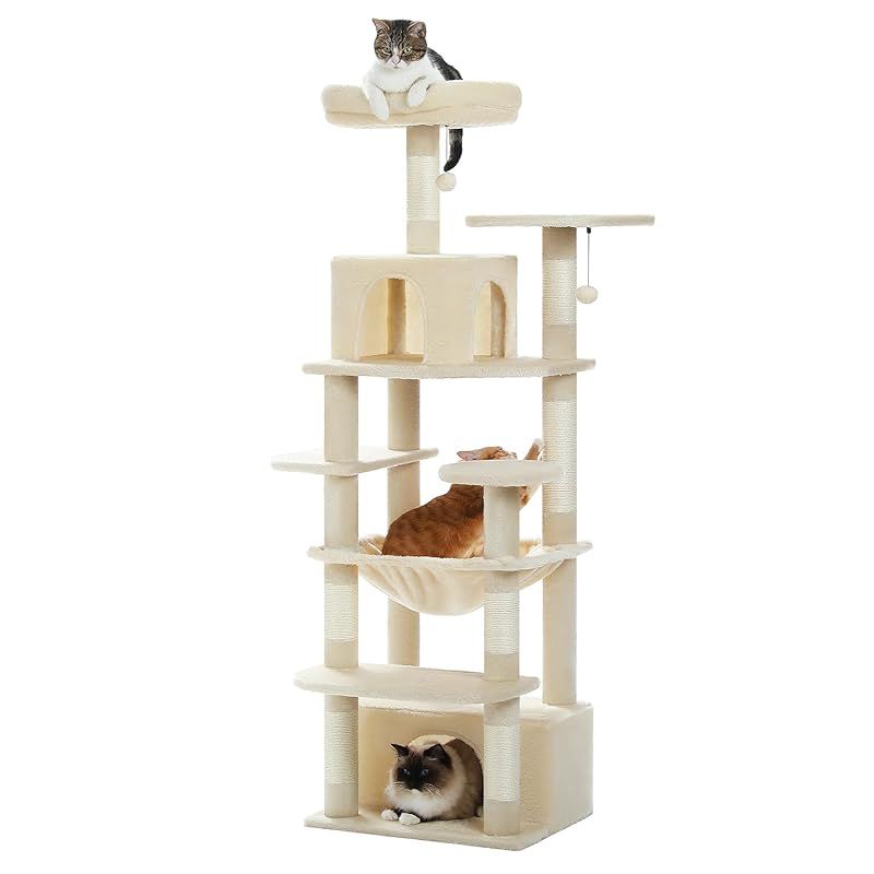 PETEPELA ぺテぺラ キャットタワー 大型猫用 コンパクト 多頭飼い 据え置き型 スリム ハンモック 麻紐爪とぎポール 猫のおもちゃ 転倒防止ベルト付き 展望台 猫ベッドカバー取り外し 運動不足解消 - M 高さ164cm ベージュ 1