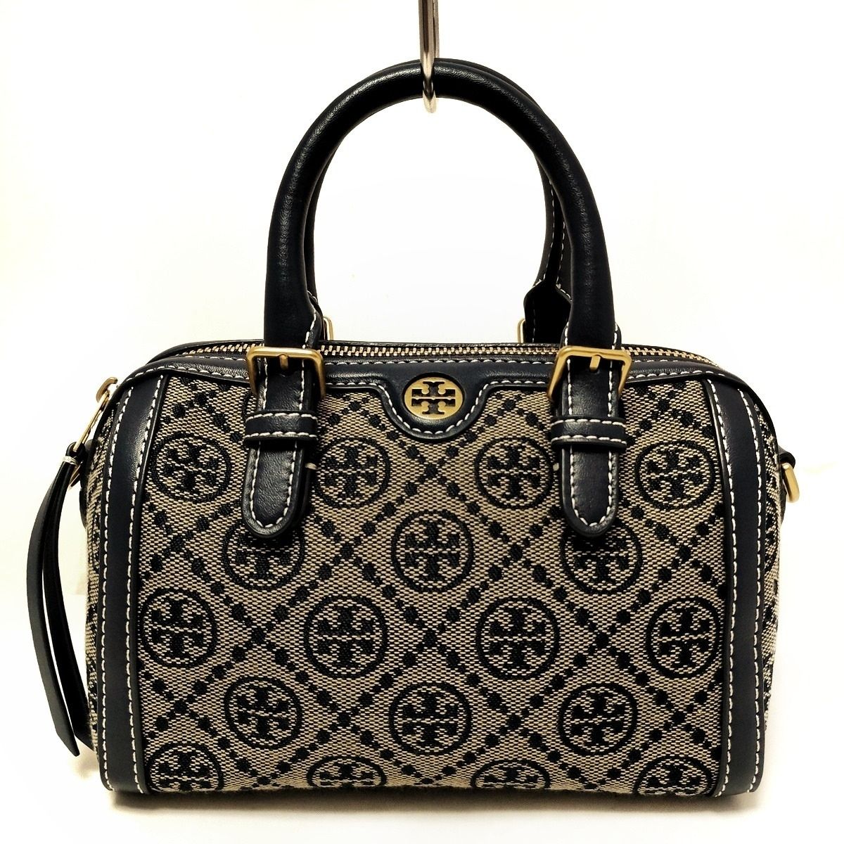 TORY BURCH トリーバーチ ハンドバッグ Tモノグラム ジャカード ミニ バレル ネイビー×グレーベージュ ミニボストン レザー