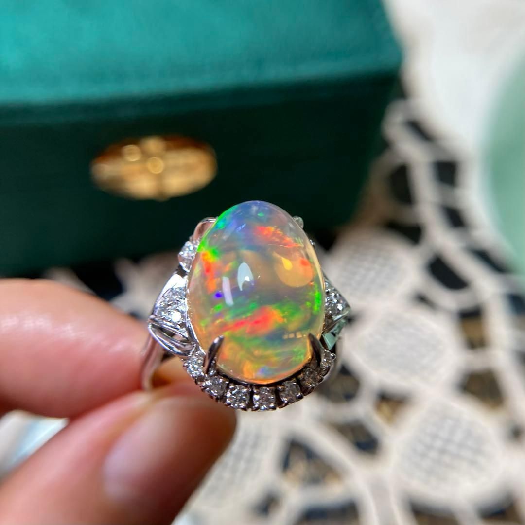 pt900 天然メキシコ産 ファイアオパール 8.69ct ダイヤモンド 0.34ct リング 指輪