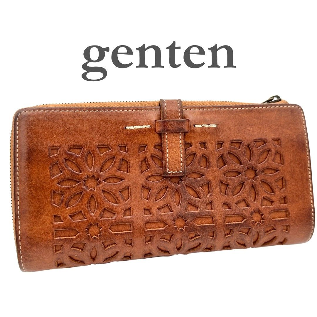 genten 長財布 カットワーク ラウンドファスナー ブラウン 1005T
