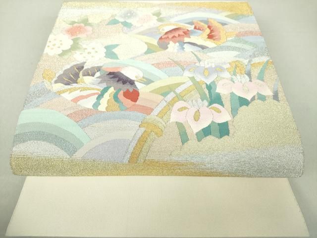 【専用ページ】名古屋帯　爪掻き本綴れ　花兎　正絹 平和屋着物○爪掻き本綴れ 八寸名古屋帯 流水鴛鴦花文 金銀糸