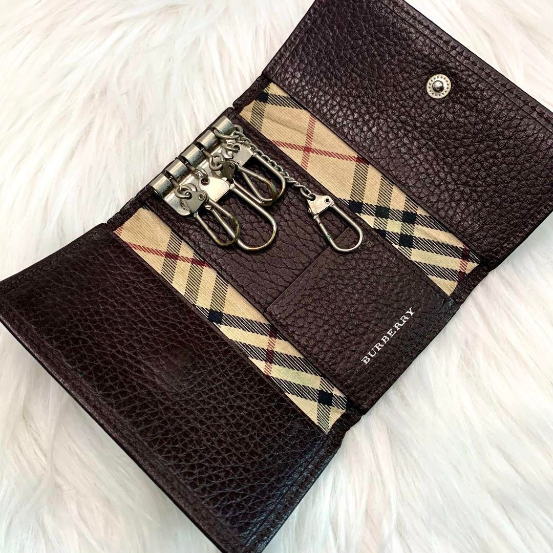 BURBERRY バーバリー ノバチェック三つ折りレザーキーケース シボ革5連