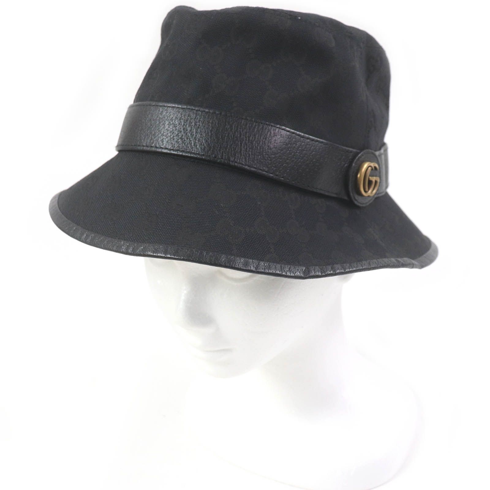 □GUCCI グッチ 576587 GGキャンバス レザーパイピング フェドラハット バケットハット ブラック M|58cm イタリア製 メンズ