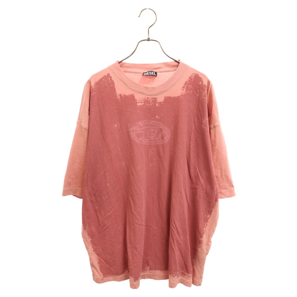 DIESEL (ディーゼル) オーバルロゴ ペイント加工 クルーネック半袖Tシャツカットソー ピンク A06385