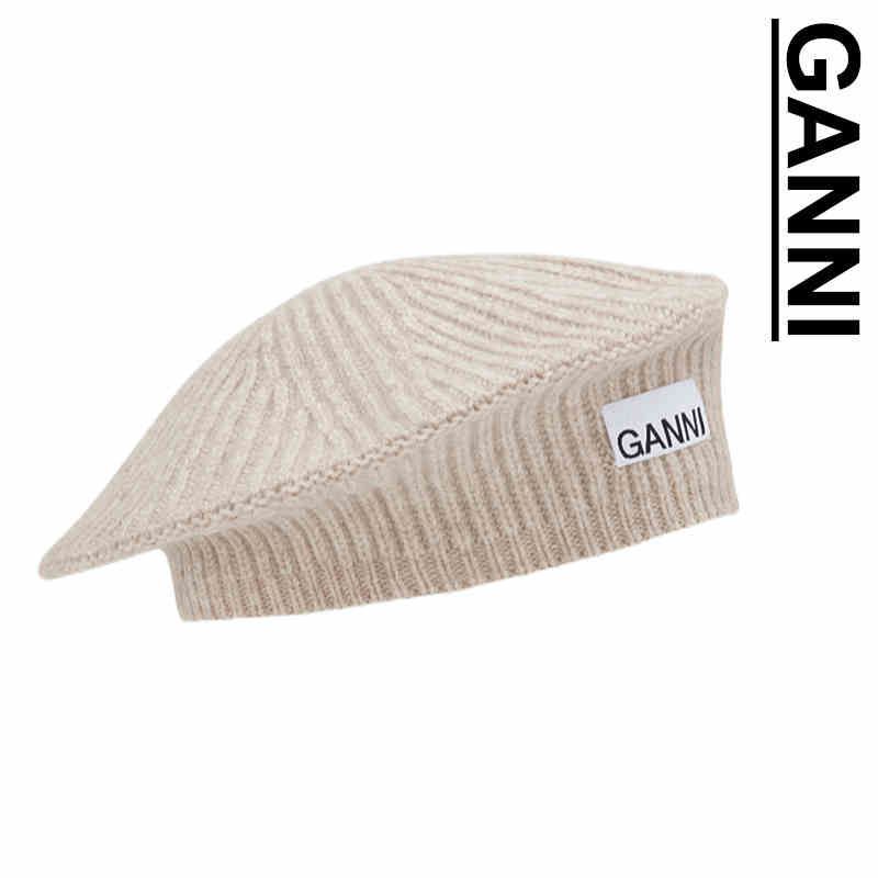 GANNI ガニー LOGO ニット ベレー ロゴ パッチ リブ ニット ウール 
