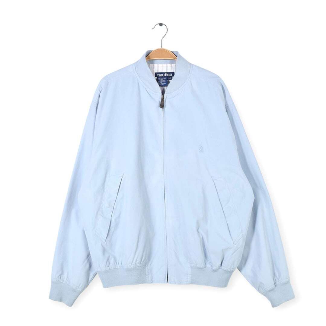 90s ノーティカ ピーチスキン ワンポイントロゴ ジャケット ブルゾン オールド ライトブルー 水色 NAUTICA メンズL 古着 @DZ0591