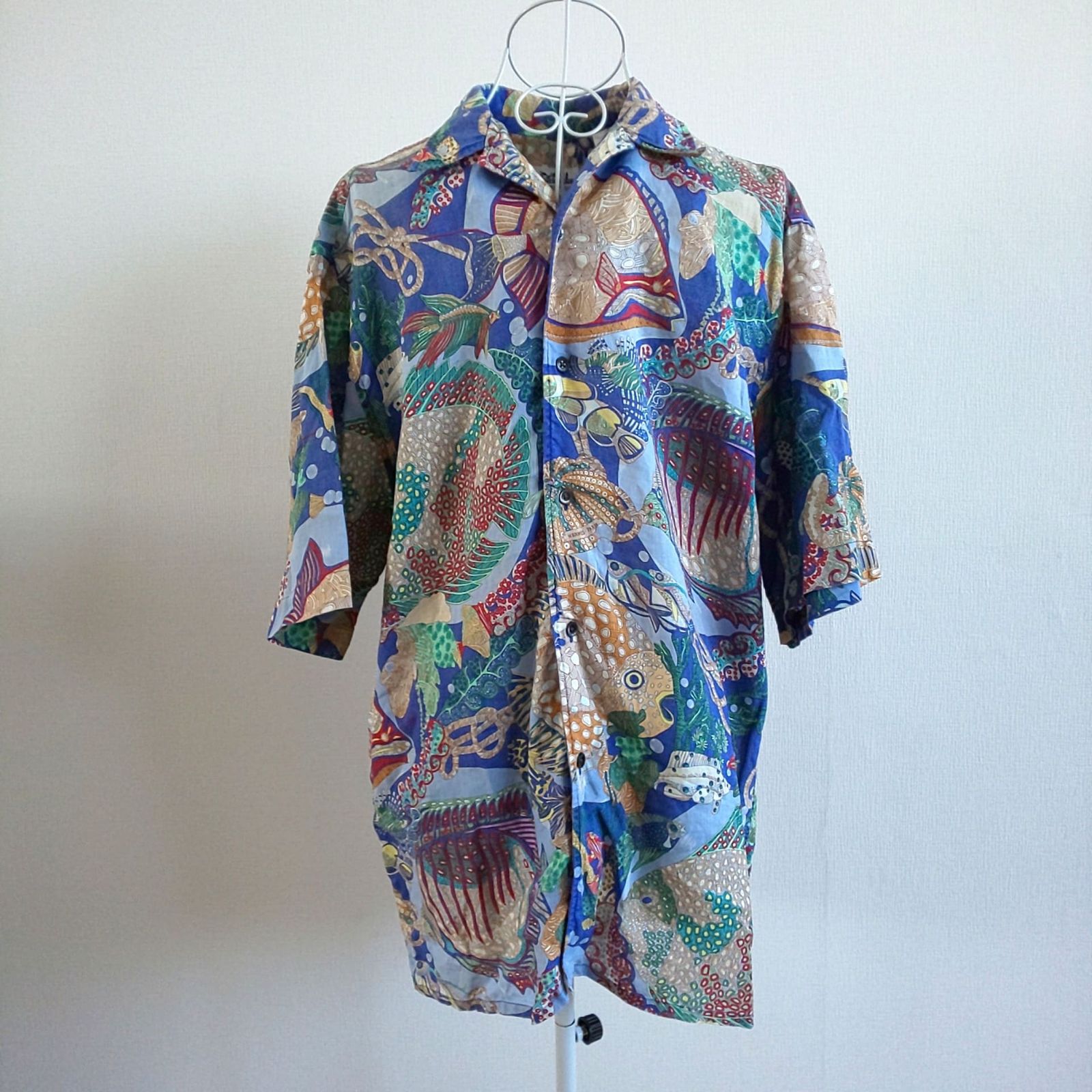 1155B-05 HERMES エルメス メンズ 麻100％ リネン 半袖 シャツ 総柄 魚柄 マルチカラー サイズ37 14 1|2 ブランド