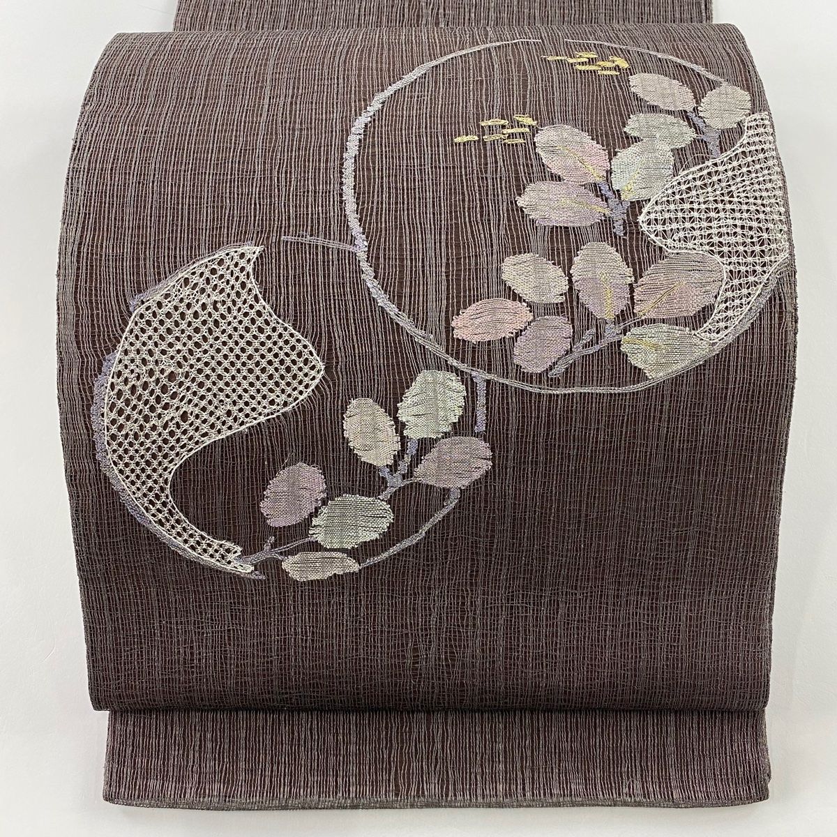 【メール便送料無料対応可】 袋帯 秀品 【中古 正絹 お太鼓柄 灰茶 金銀糸 刺繍 萩 丸文 着物・浴衣