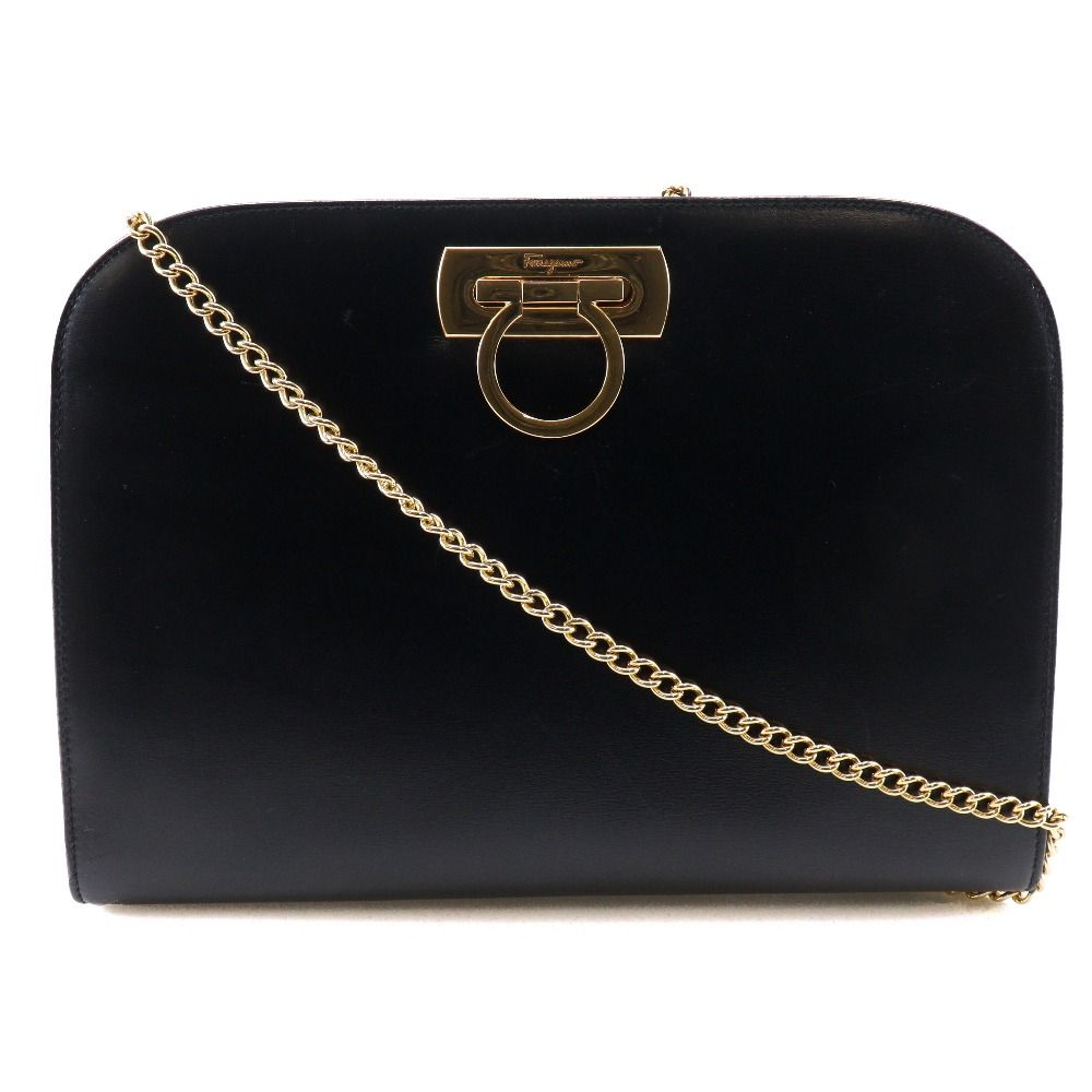 Salvatore Ferragamo サルヴァトーレフェラガモ チェーンショルダー ガンチーニ 2WAYクラッチ P21-0587 カーフ 黒 レディース ショルダーバッグ