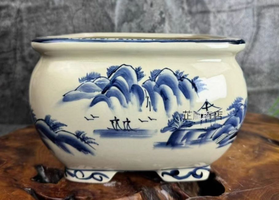 盆山水図青花磁栽鉢 山野草鉢 多肉植物 植木鉢 小品大品盆栽鉢 陶器鉢