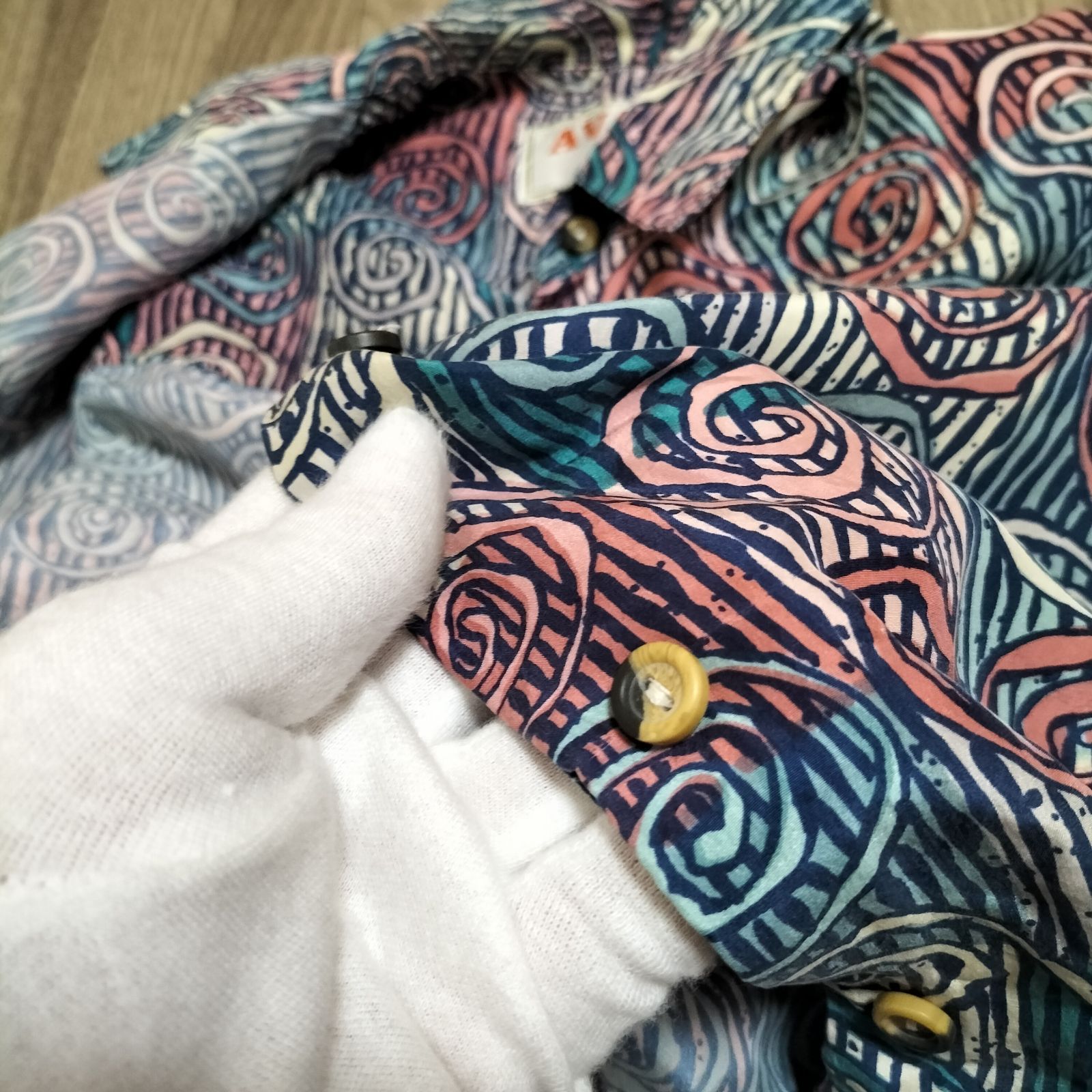 美品☆90s AVANTI アロハシャツ シルク100% 渦巻き 総柄 ハワイアン 