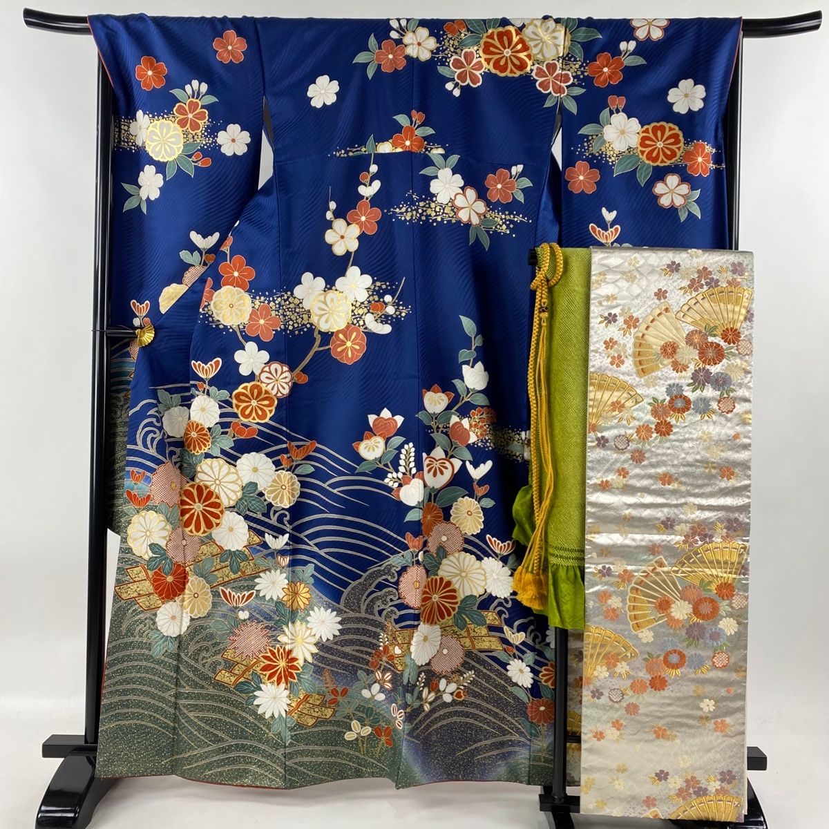 振袖 身丈163cm 裄丈69.5cm L 袷 袋帯フルセット 花筏 菊 金糸 金彩 青 正絹 秀品