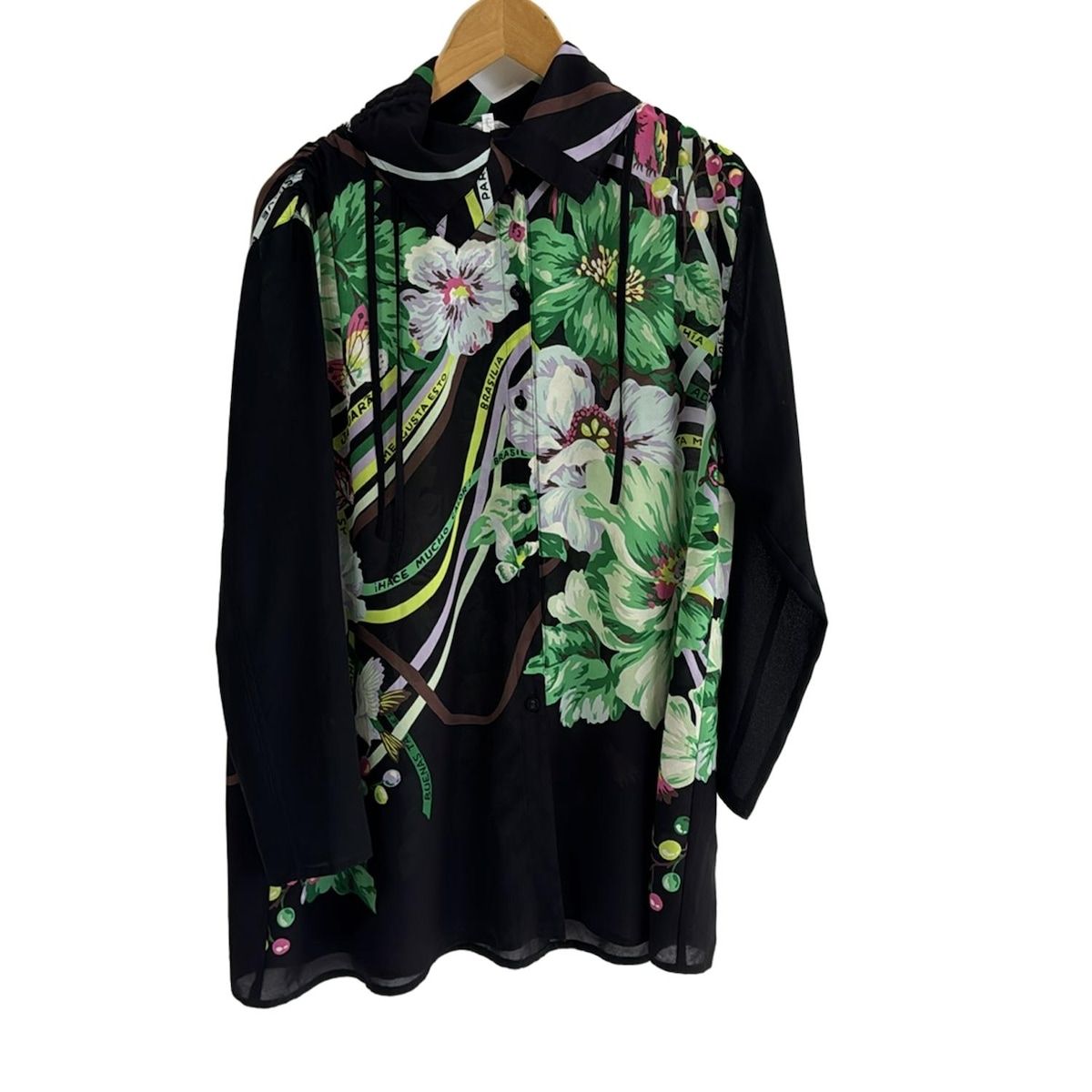 トクコ プルミエヴォル 長袖シャツブラウス サイズ9 M レディース - 黒×グリーン×マルチ 花柄|ロング丈|シースルー