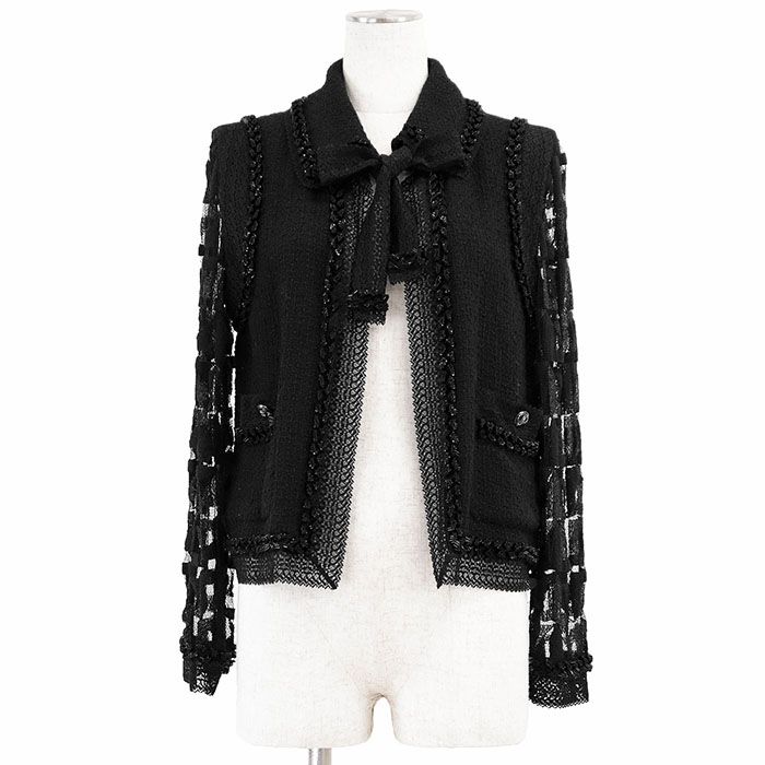 CHANEL シャネル ジャケット ツイード レーススリーブ 09C P34723 2009年製 COCOマーク ロゴ ボタン リボンタイ オープンフロント ビジュー チュール ウール ナイロン レディース 40 ブラック 黒 仏製 カール ラガーフェルド期