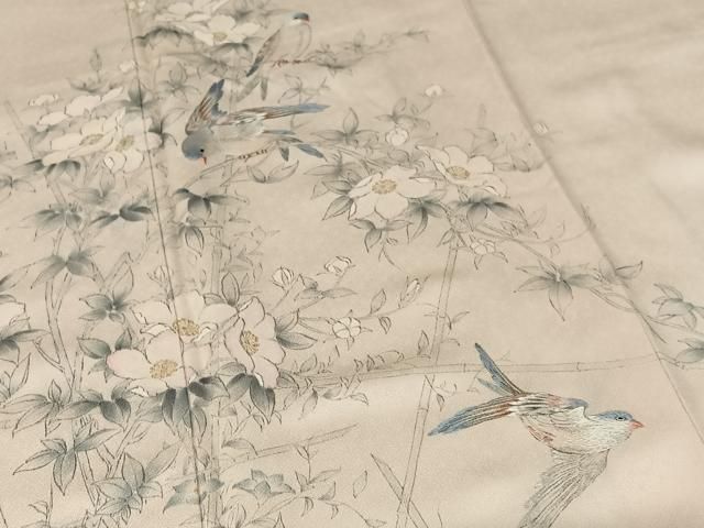 平和屋着物○訪問着 手描き 刺繍 枝花に休み鳥 正絹 逸品