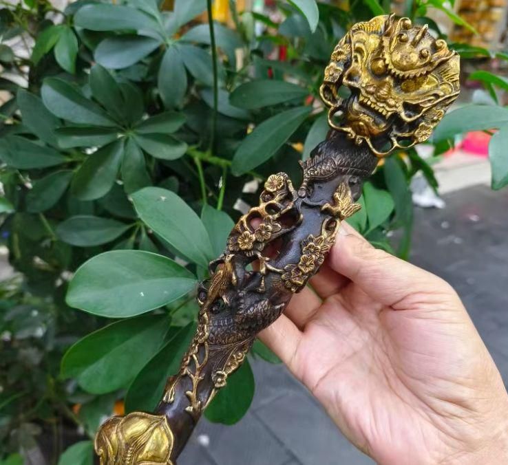 銅細工 金龍頭如意 装飾品 工芸品 美術品 置物